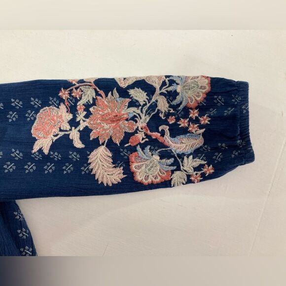 J Jill Dress Women’s S Blue Embroidered Floral Balloon Sleeve Tassel Boho Chic - Picture 4 of 11